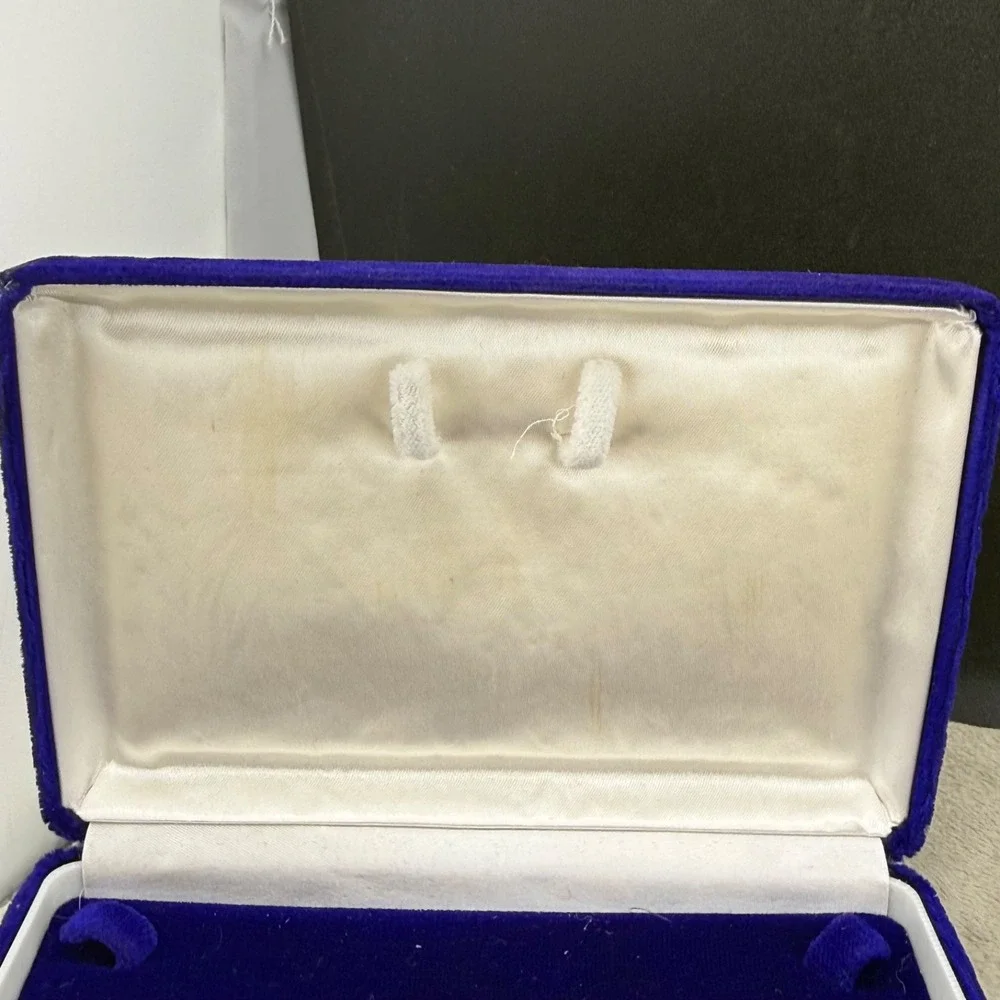Vintage Jewelry Display Box Blue Velvet Hinged Satin Lining Storage Case